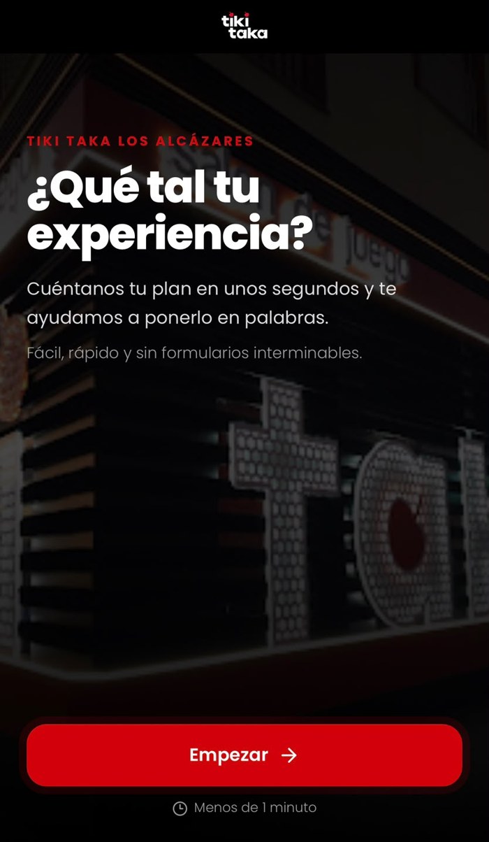 Pantalla de la experiencia BeReview de Tiki Taka Los Alcázares